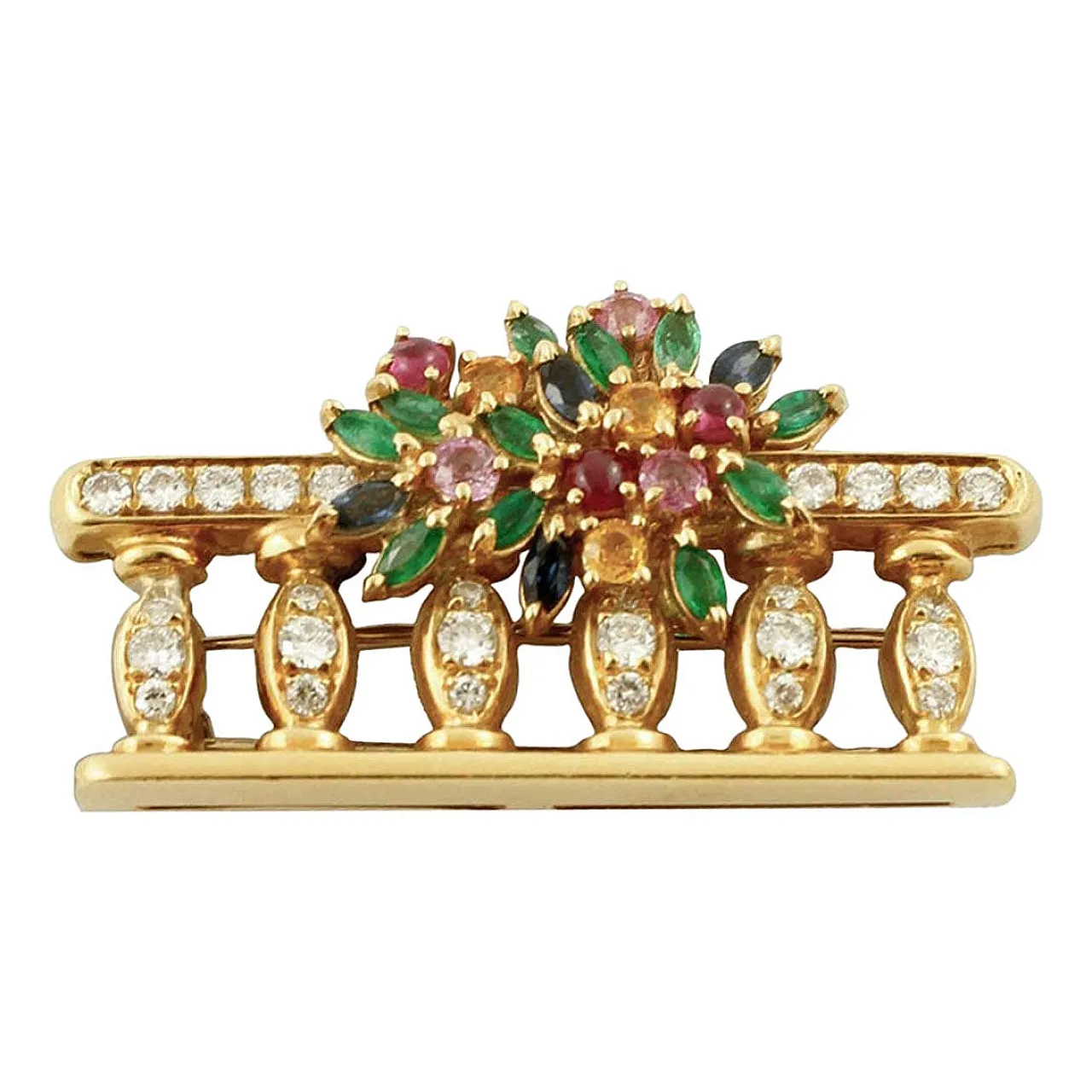Sapphires, rubies, diamonds, 18 Kt yellow gold brooch, 1950s 1