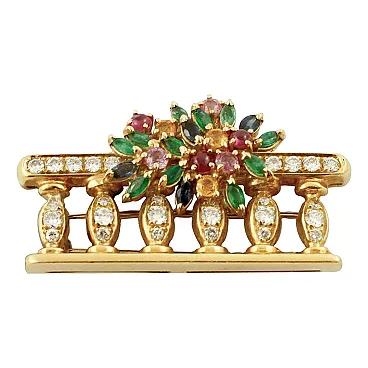 Sapphires, rubies, diamonds, 18 Kt yellow gold brooch, 1950s