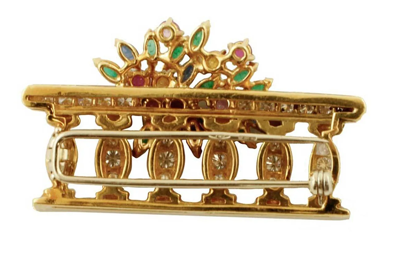 Sapphires, rubies, diamonds, 18 Kt yellow gold brooch, 1950s 2