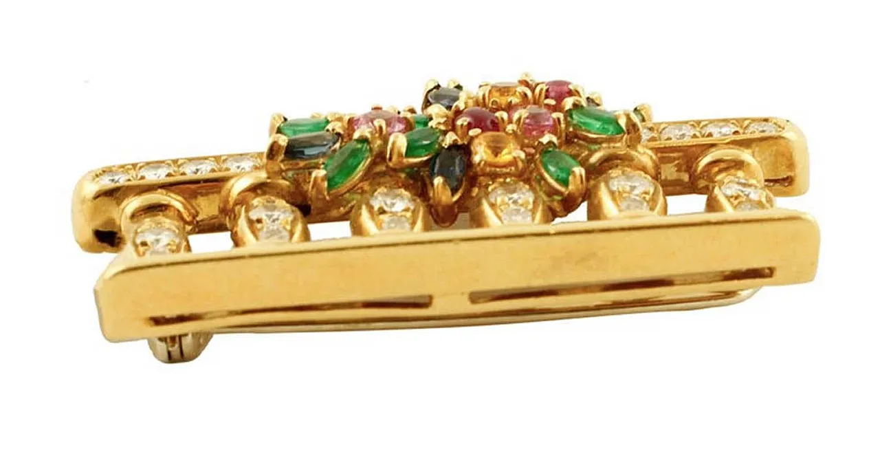 Sapphires, rubies, diamonds, 18 Kt yellow gold brooch, 1950s 3