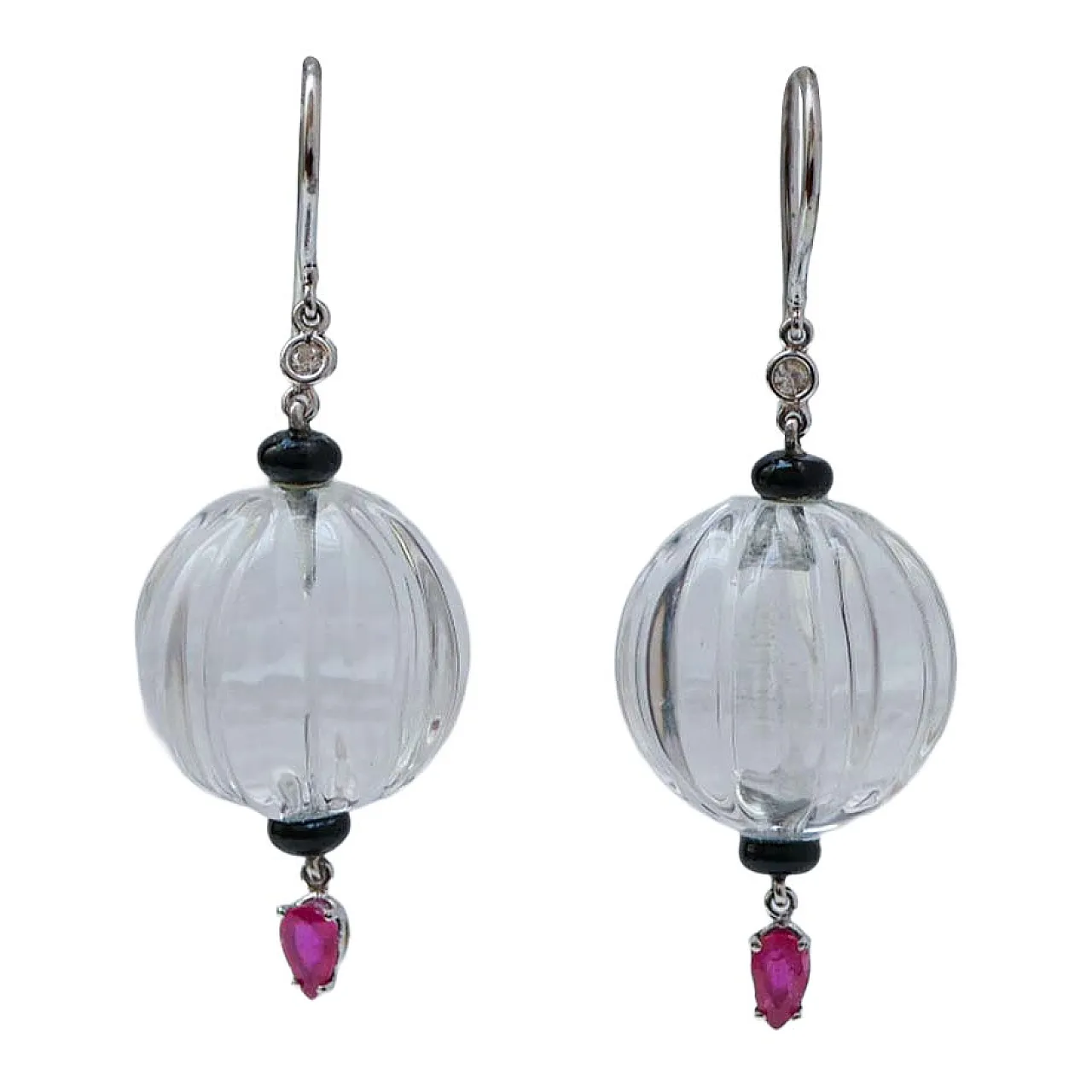Rock crystal, onyx, rubies, diamonds, platinum earrings, 1960s 1