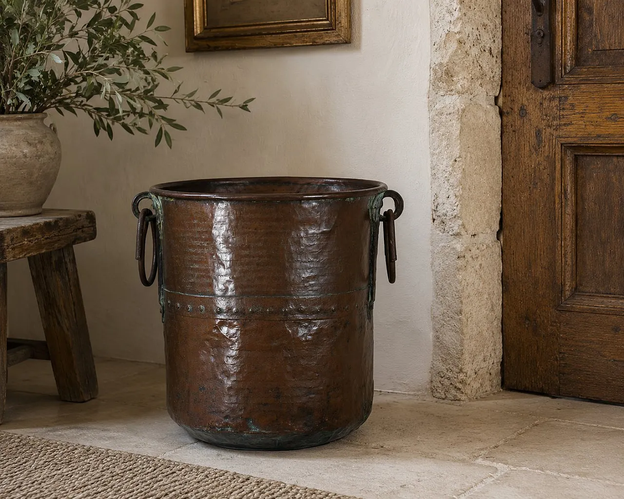 Hand-hammered copper planter with forged iron handles, 19th century 11