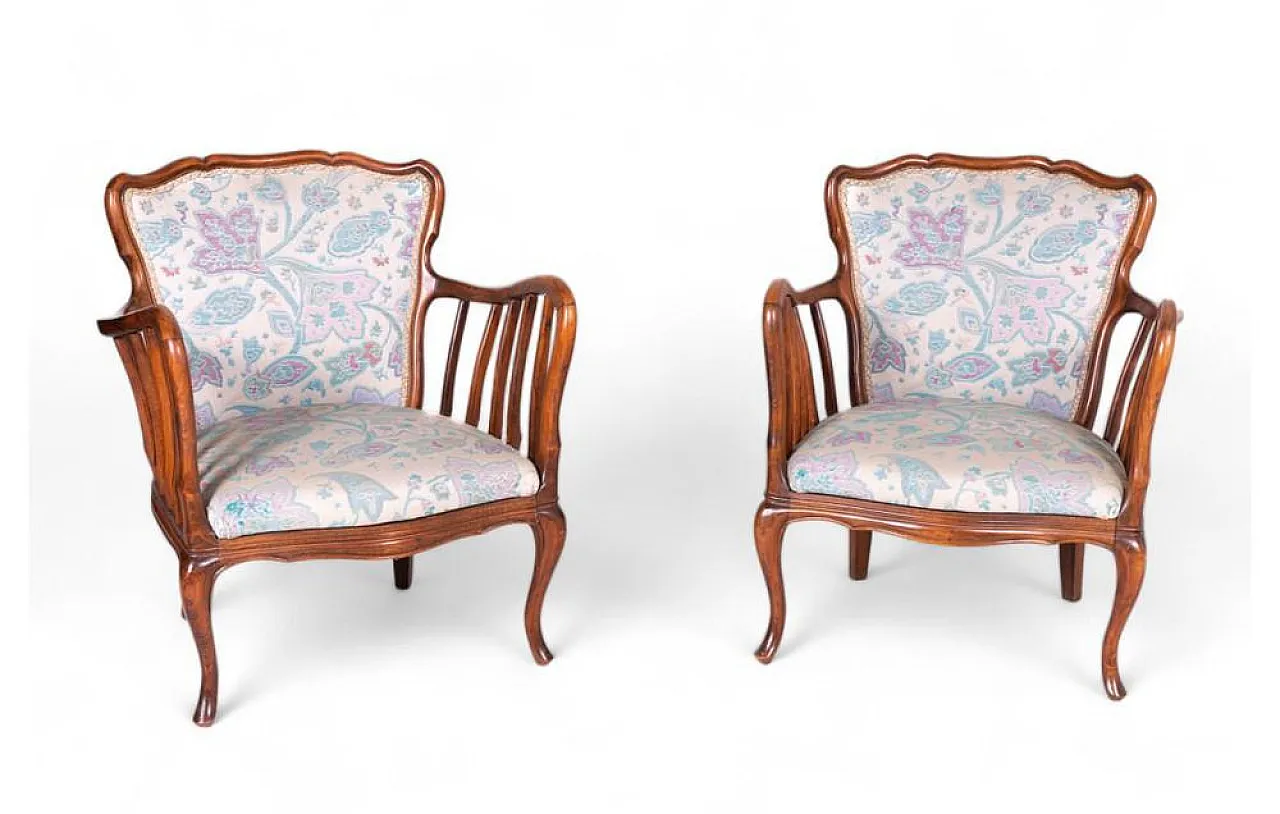 Pair of floral armchairs in cherrywood attributed to Paolo Buffa, 1950 1