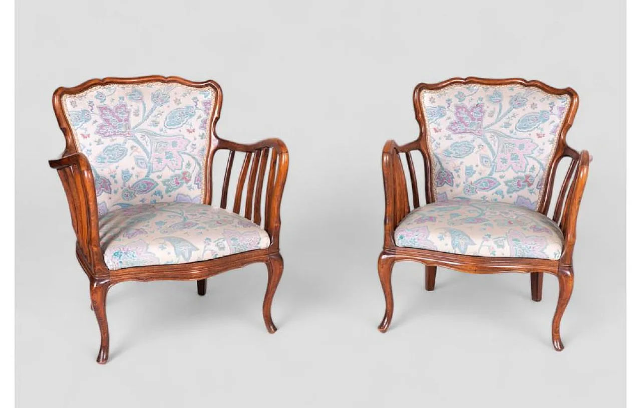 Pair of floral armchairs in cherrywood attributed to Paolo Buffa, 1950 2