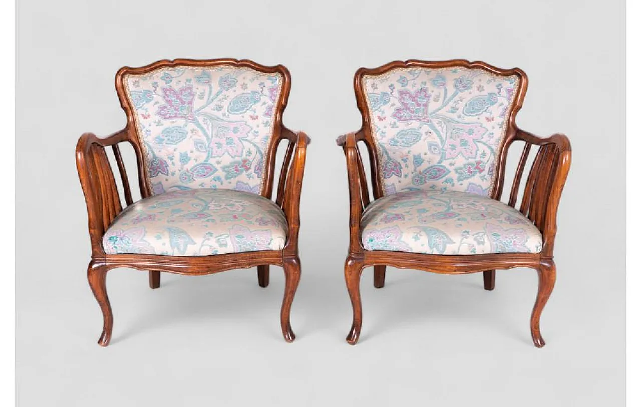 Pair of floral armchairs in cherrywood attributed to Paolo Buffa, 1950 3