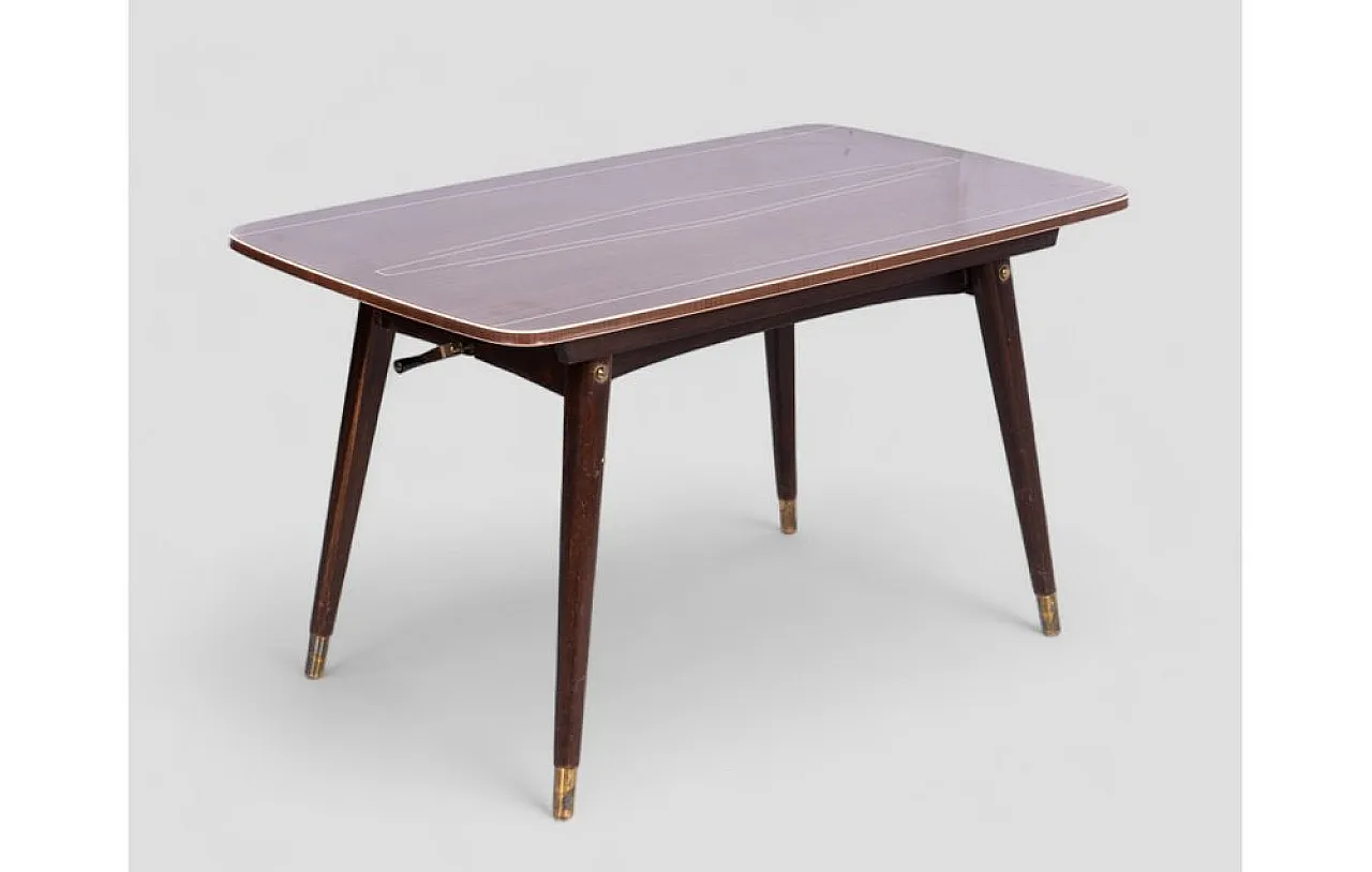 Teak table with manual lift and white details, 1970s 3