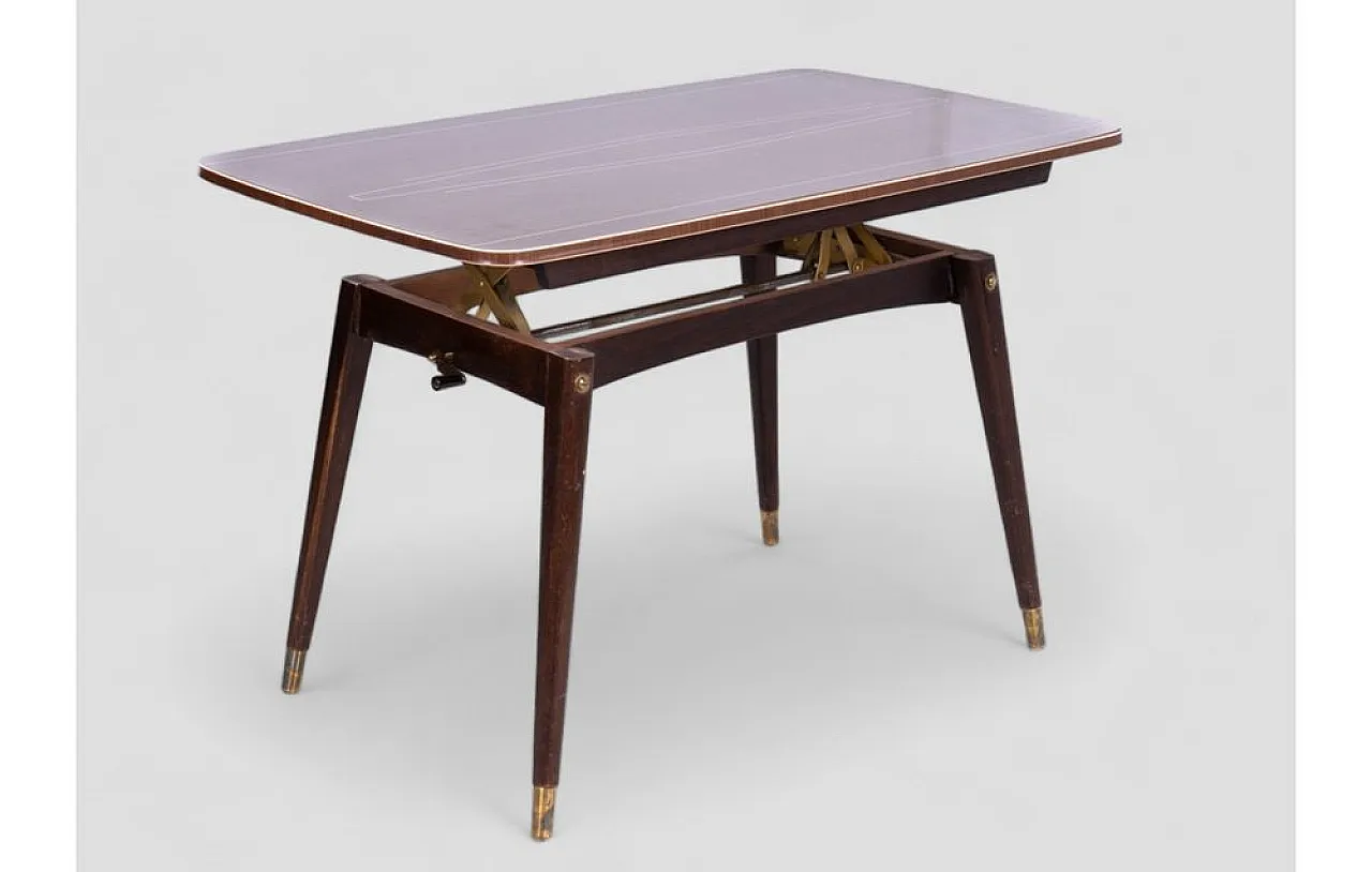 Teak table with manual lift and white details, 1970s 4