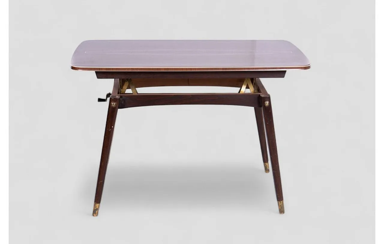 Teak table with manual lift and white details, 1970s 5