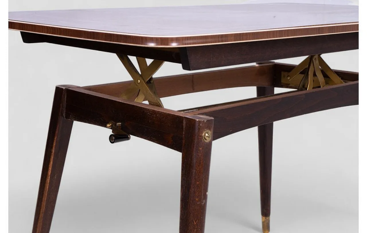 Teak table with manual lift and white details, 1970s 6
