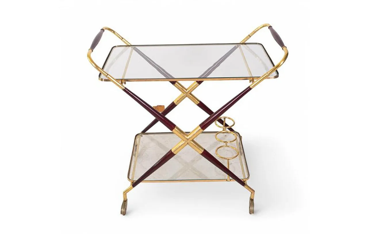 Brass and glass bar cart with x-frame structure, 1950s 1
