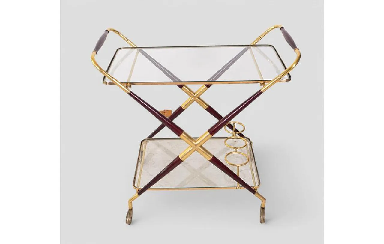 Brass and glass bar cart with x-frame structure, 1950s 2
