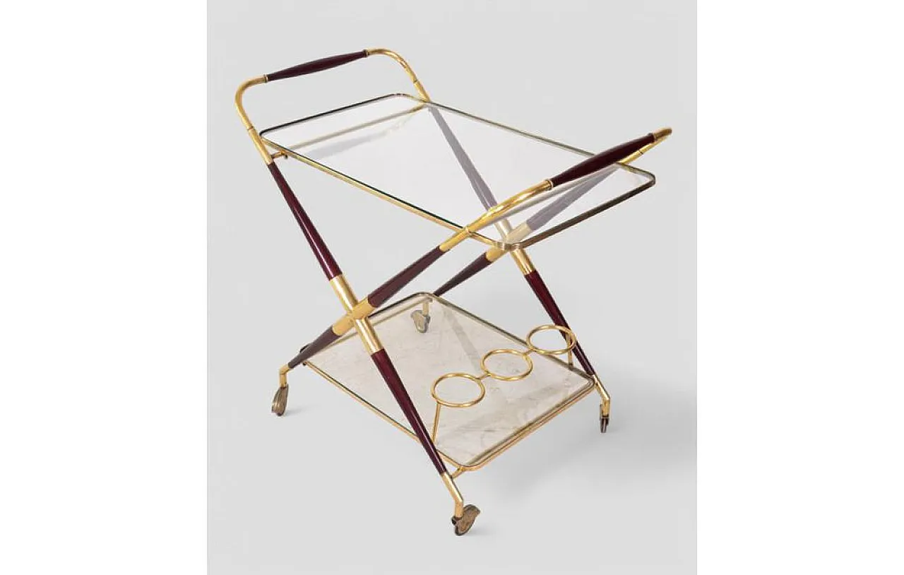 Brass and glass bar cart with x-frame structure, 1950s 3
