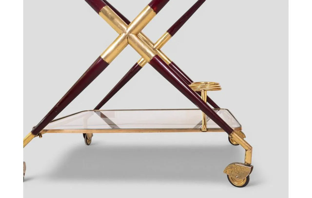 Brass and glass bar cart with x-frame structure, 1950s 5