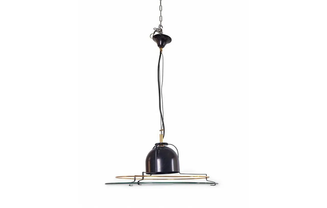 Modernist glass and metal pendant lamp with graphic details, 1960s 1