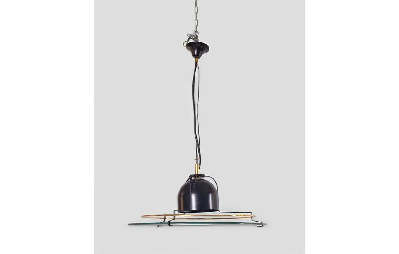 Modernist glass and metal pendant lamp with graphic details, 1960s 2