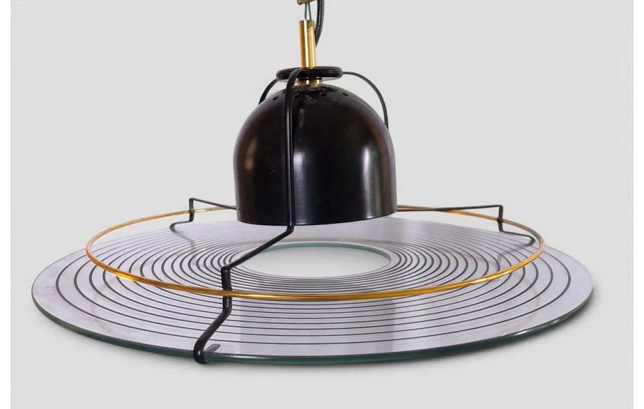 Modernist glass and metal pendant lamp with graphic details, 1960s 3