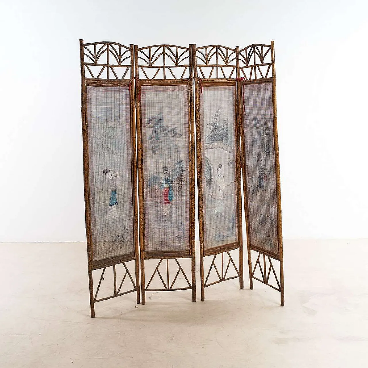 Bamboo windscreen with Japanese figures, 20th century 1