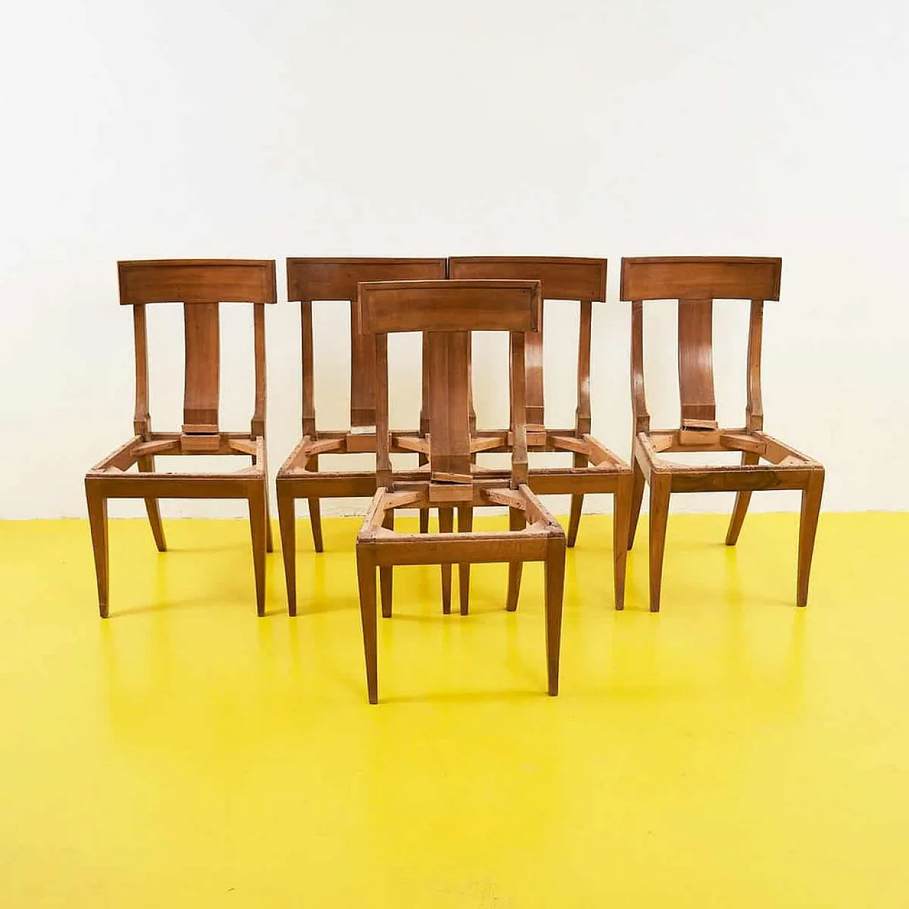 5 Directoire chairs with demi lune back rest, late 19th century 1