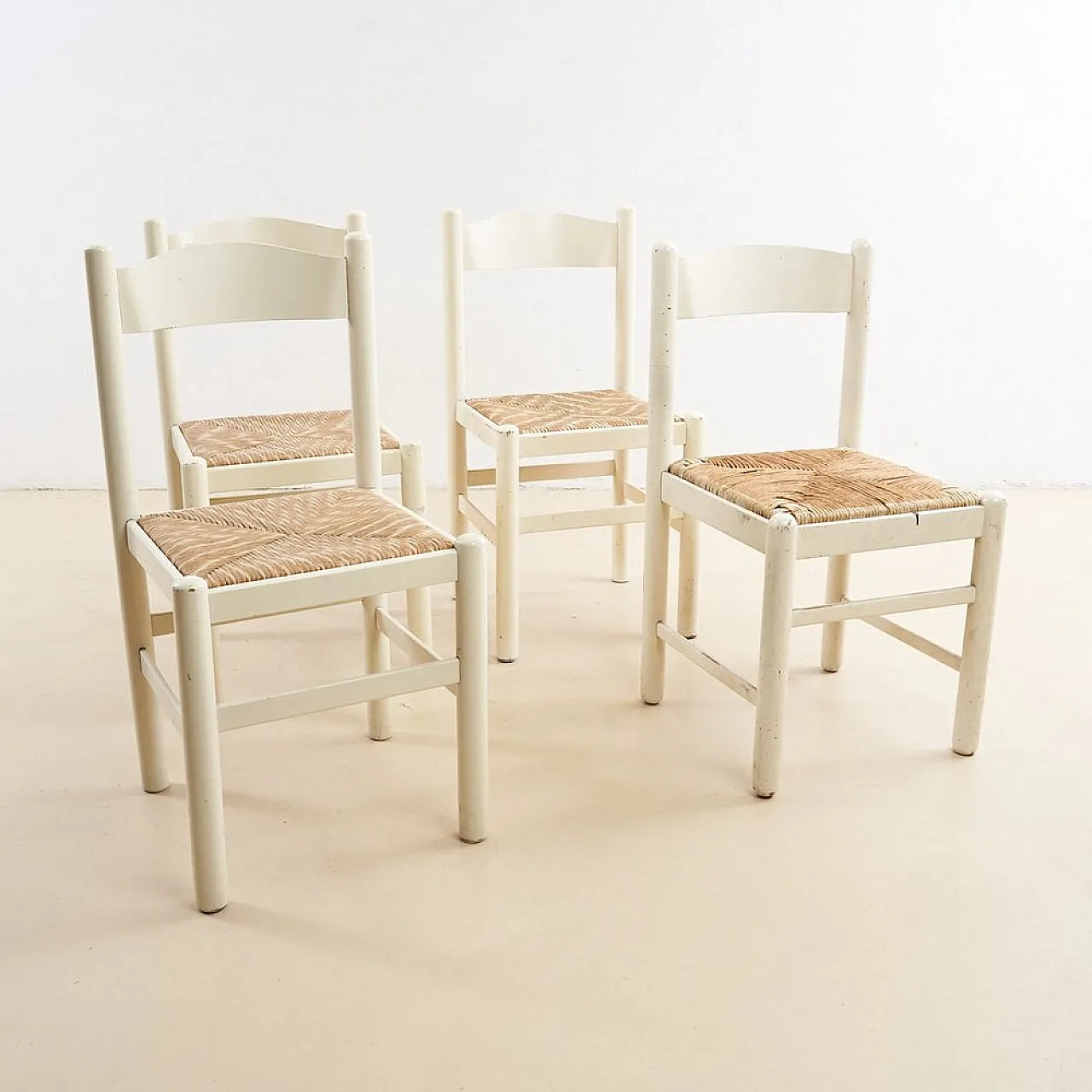 4 White Wooden Chairs with straw seat, 1970s 1