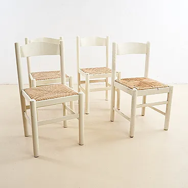4 White Wooden Chairs with straw seat, 1970s
