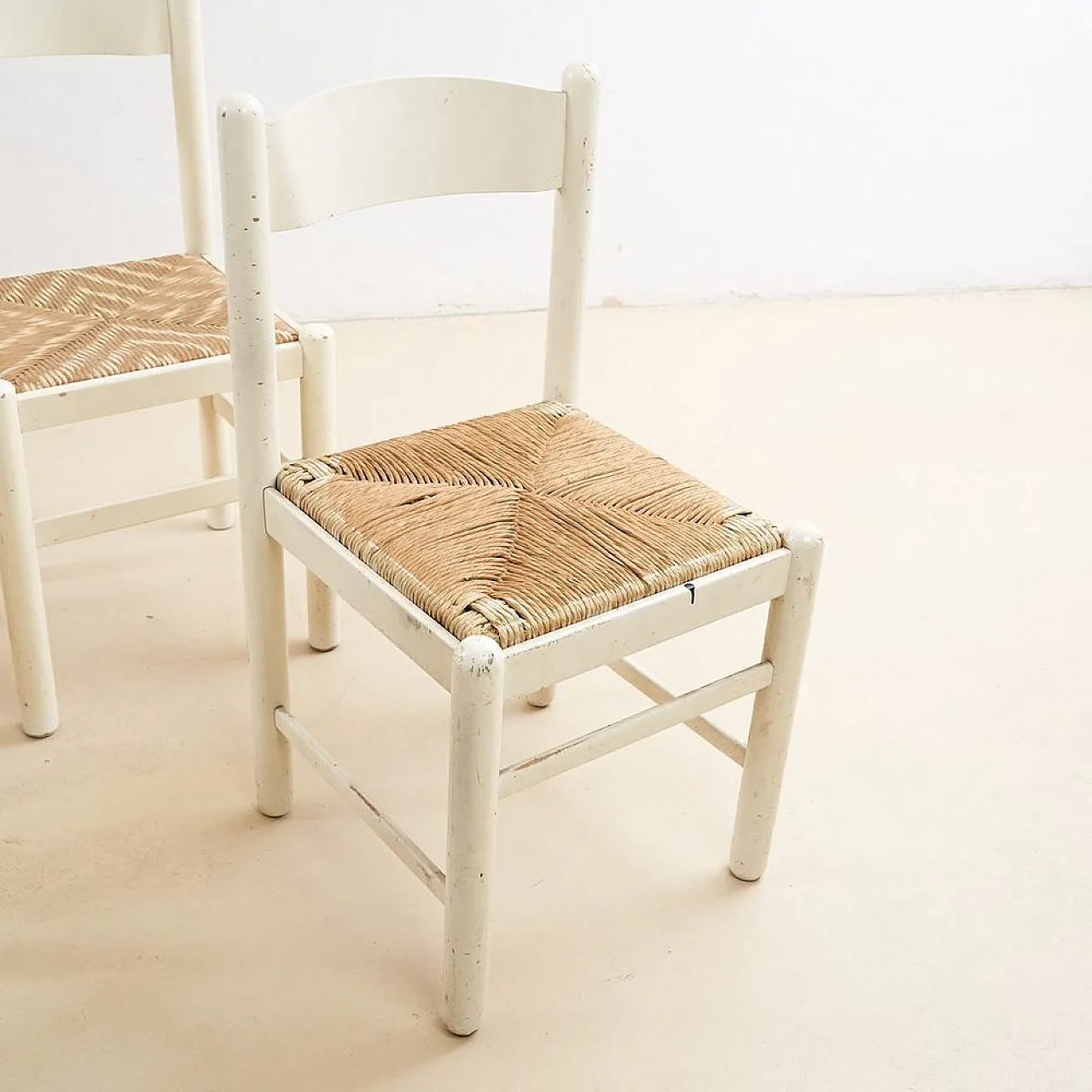 4 White Wooden Chairs with straw seat, 1970s 2