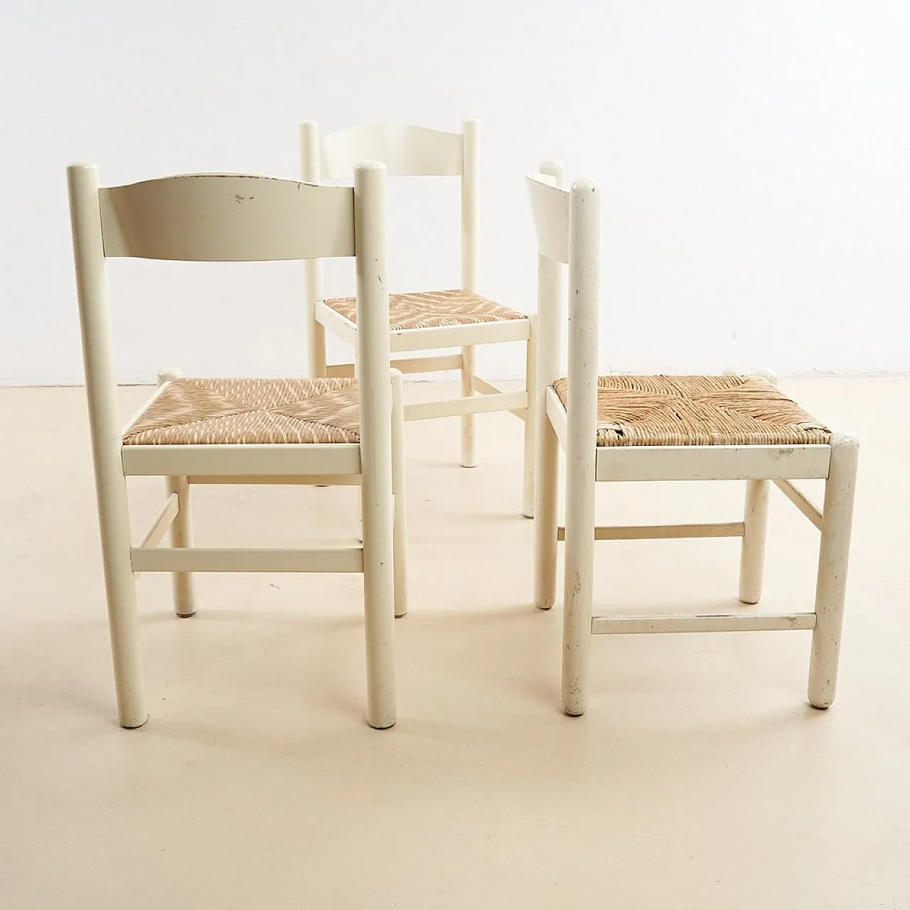 4 White Wooden Chairs with straw seat, 1970s 3