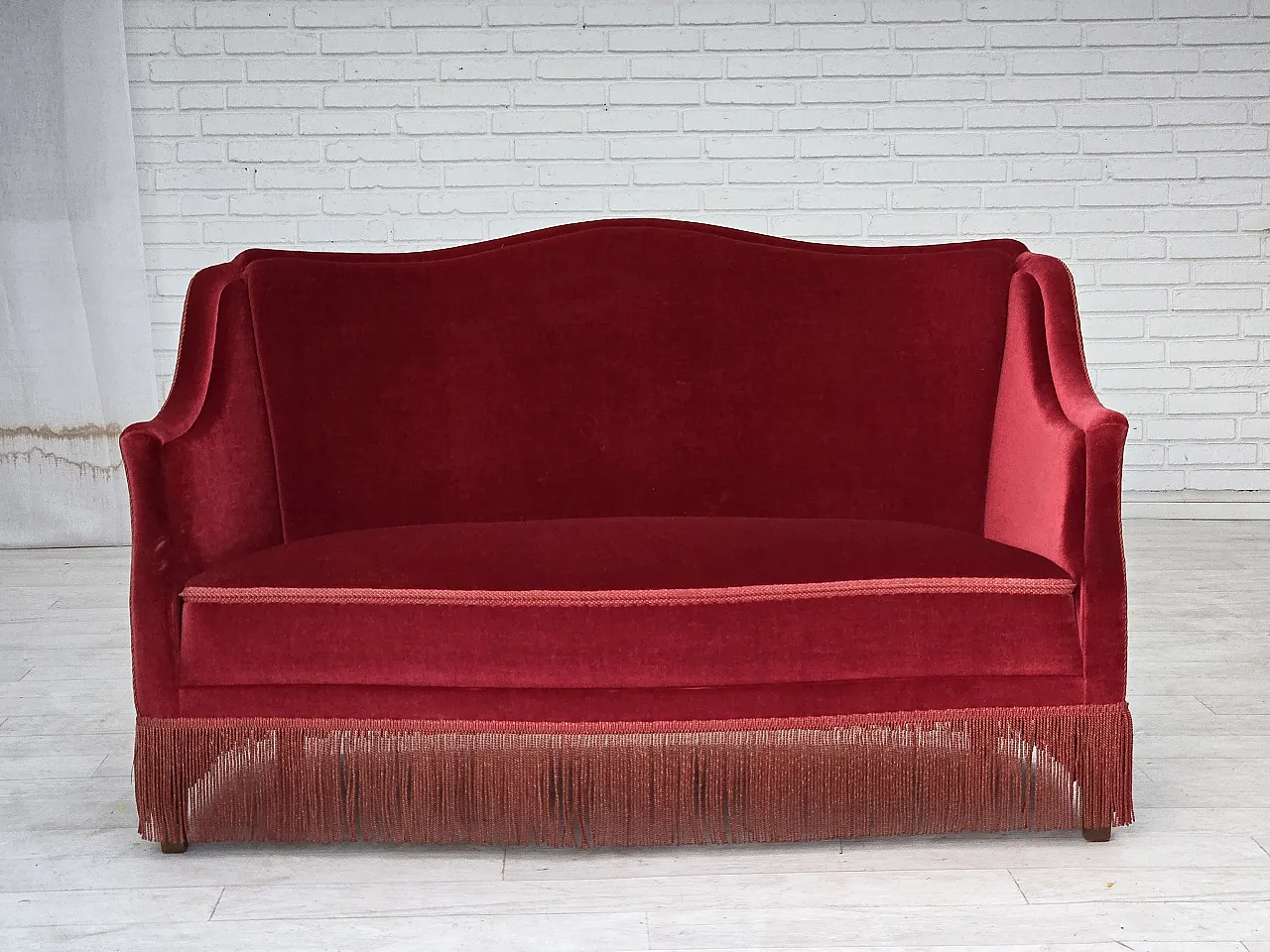 1970s, Danish 2-seater sofa, red furniture velour, ash wood legs. 1