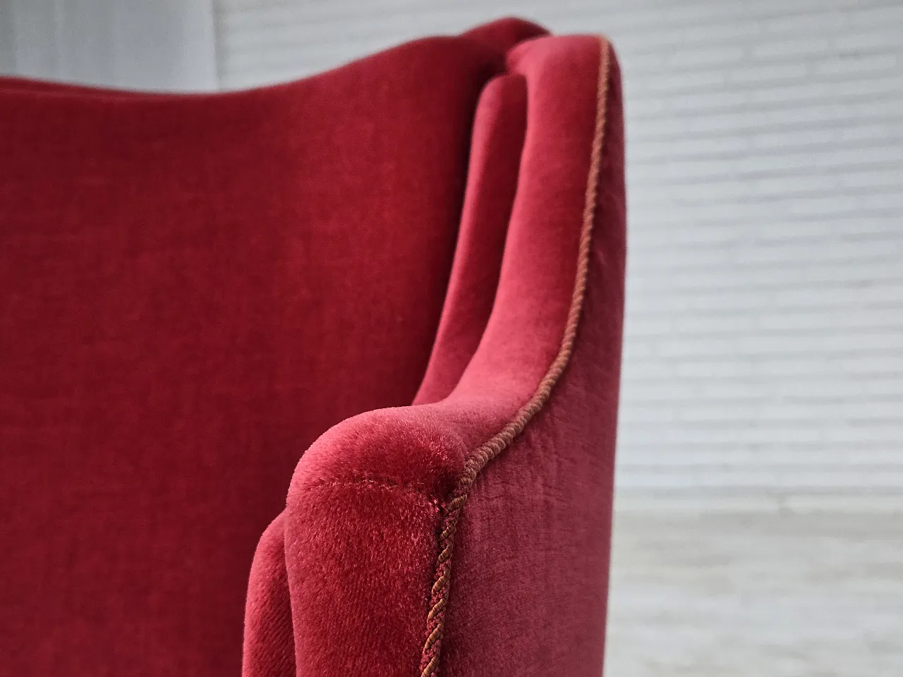 1970s, Danish 2-seater sofa, red furniture velour, ash wood legs. 2