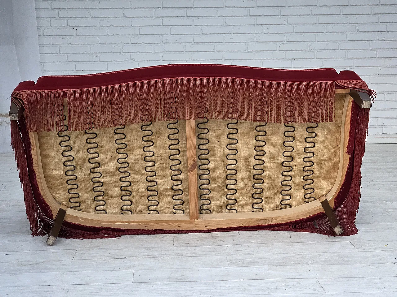 1970s, Danish 2-seater sofa, red furniture velour, ash wood legs. 4