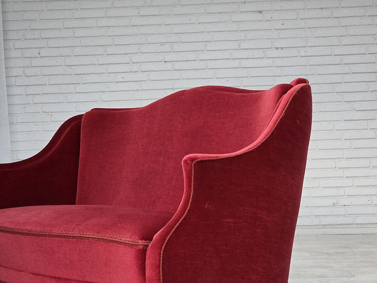 1970s, Danish 2-seater sofa, red furniture velour, ash wood legs. 5