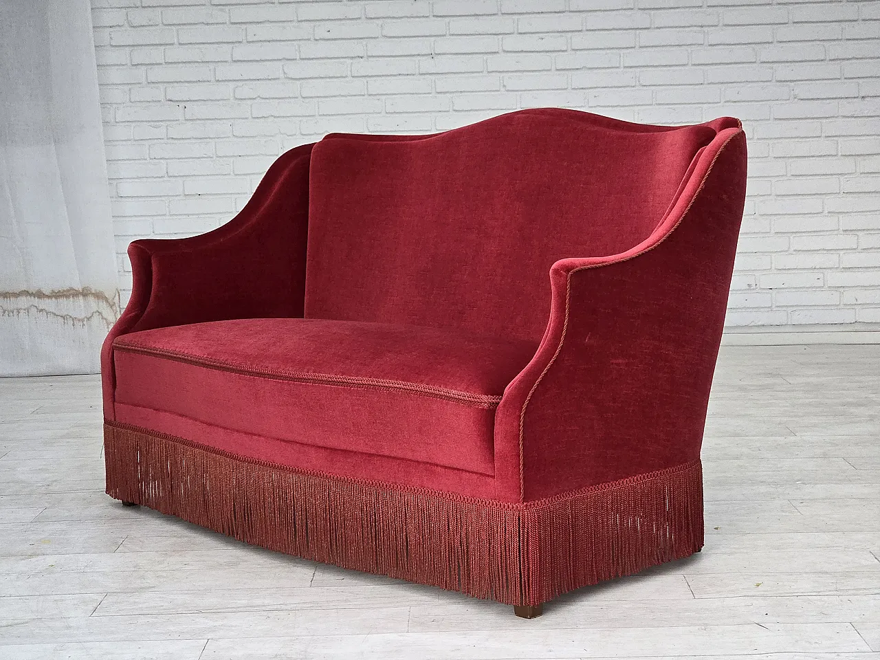 1970s, Danish 2-seater sofa, red furniture velour, ash wood legs. 6