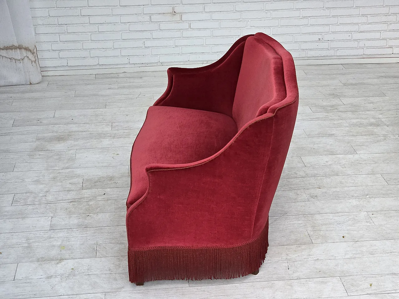 1970s, Danish 2-seater sofa, red furniture velour, ash wood legs. 7