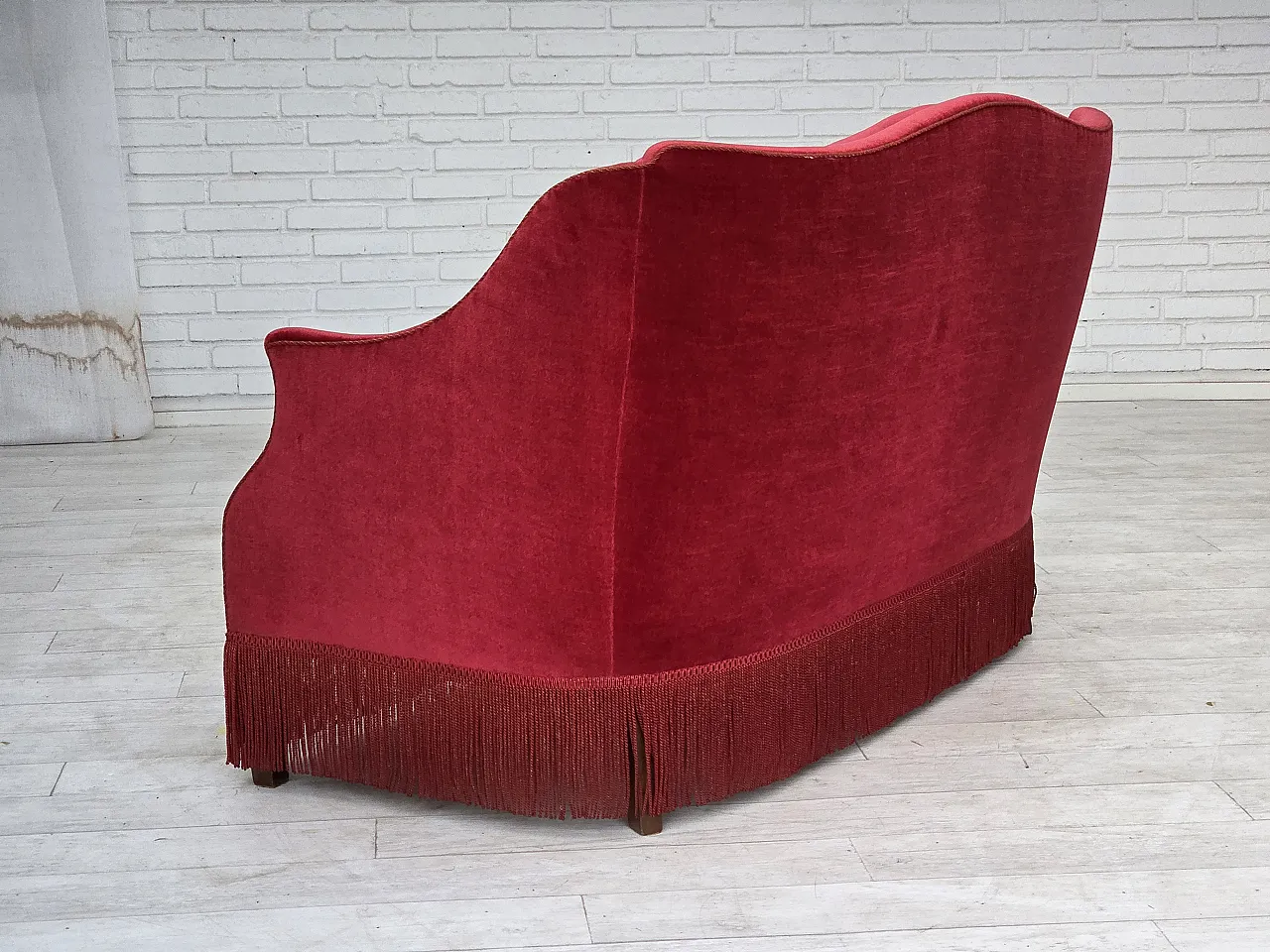 1970s, Danish 2-seater sofa, red furniture velour, ash wood legs. 8