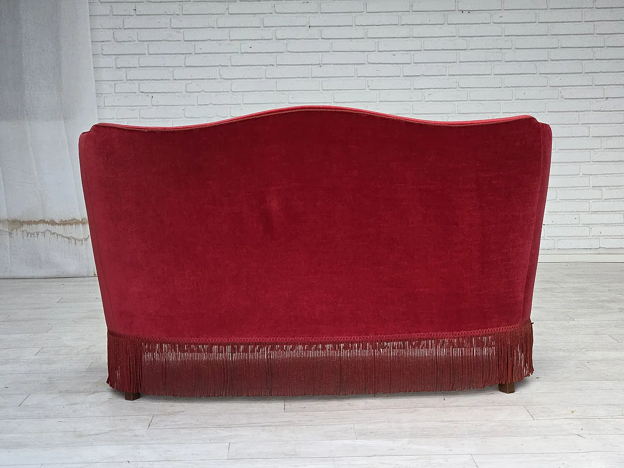 1970s, Danish 2-seater sofa, red furniture velour, ash wood legs. 9