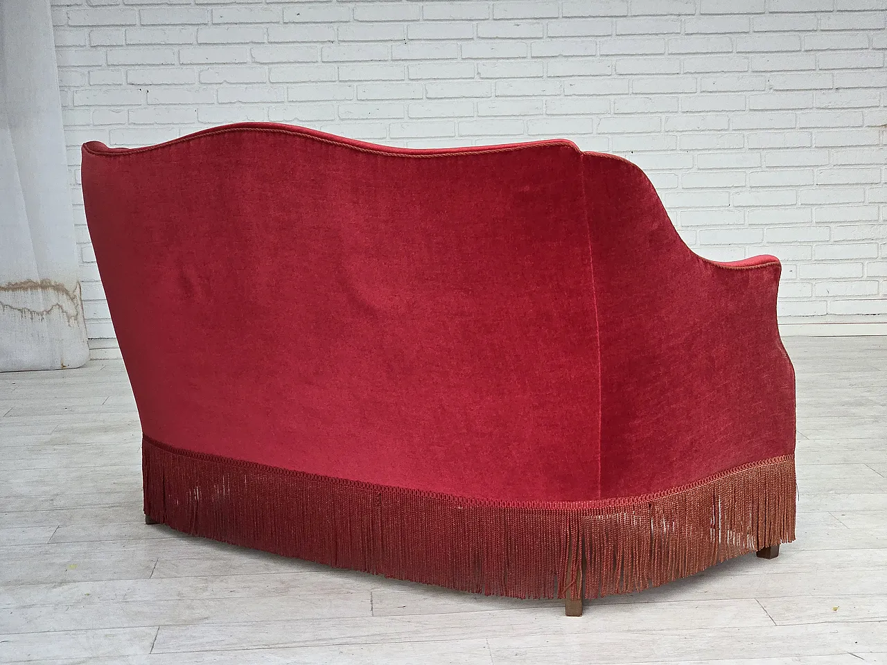 1970s, Danish 2-seater sofa, red furniture velour, ash wood legs. 10