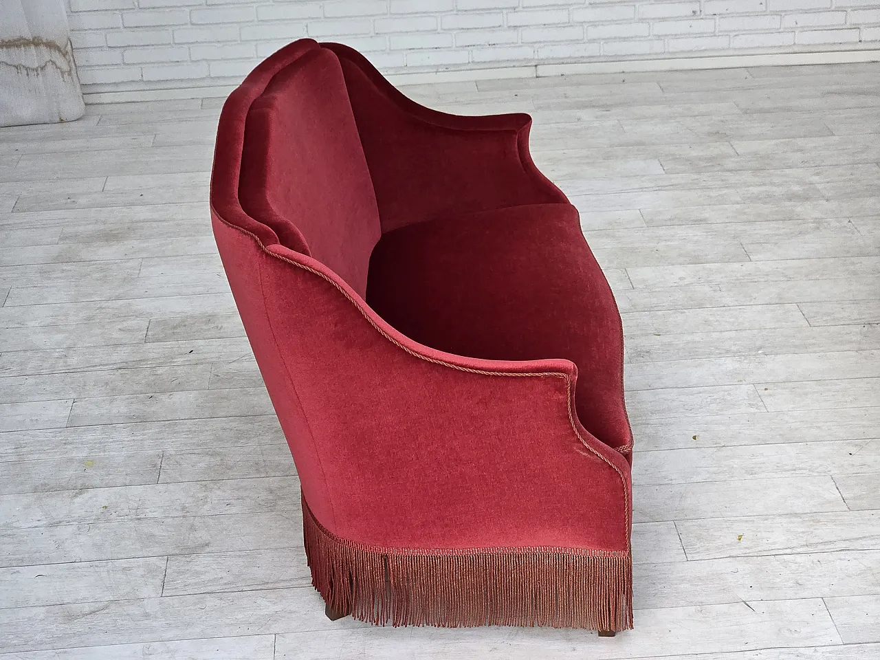 1970s, Danish 2-seater sofa, red furniture velour, ash wood legs. 11