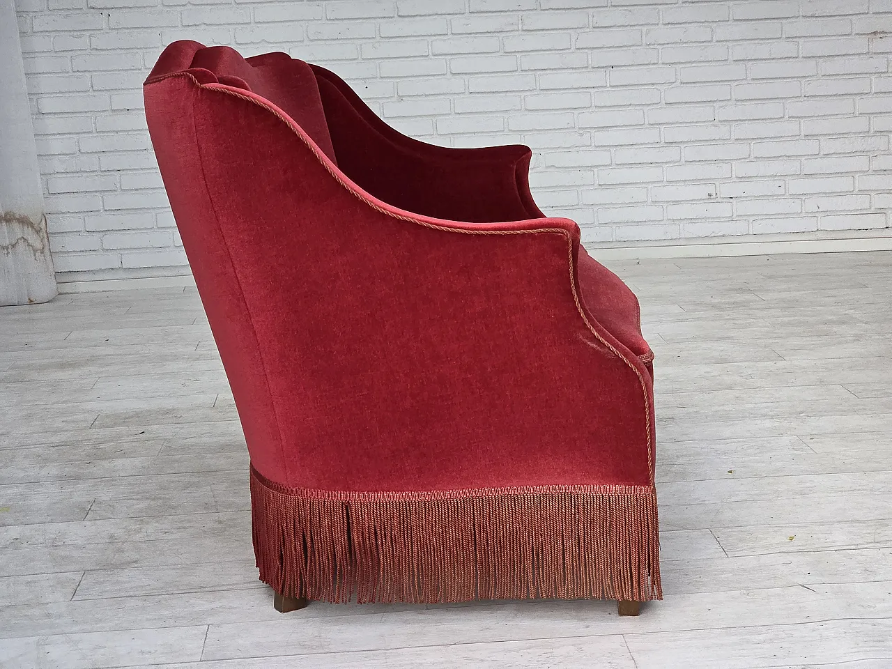 1970s, Danish 2-seater sofa, red furniture velour, ash wood legs. 12