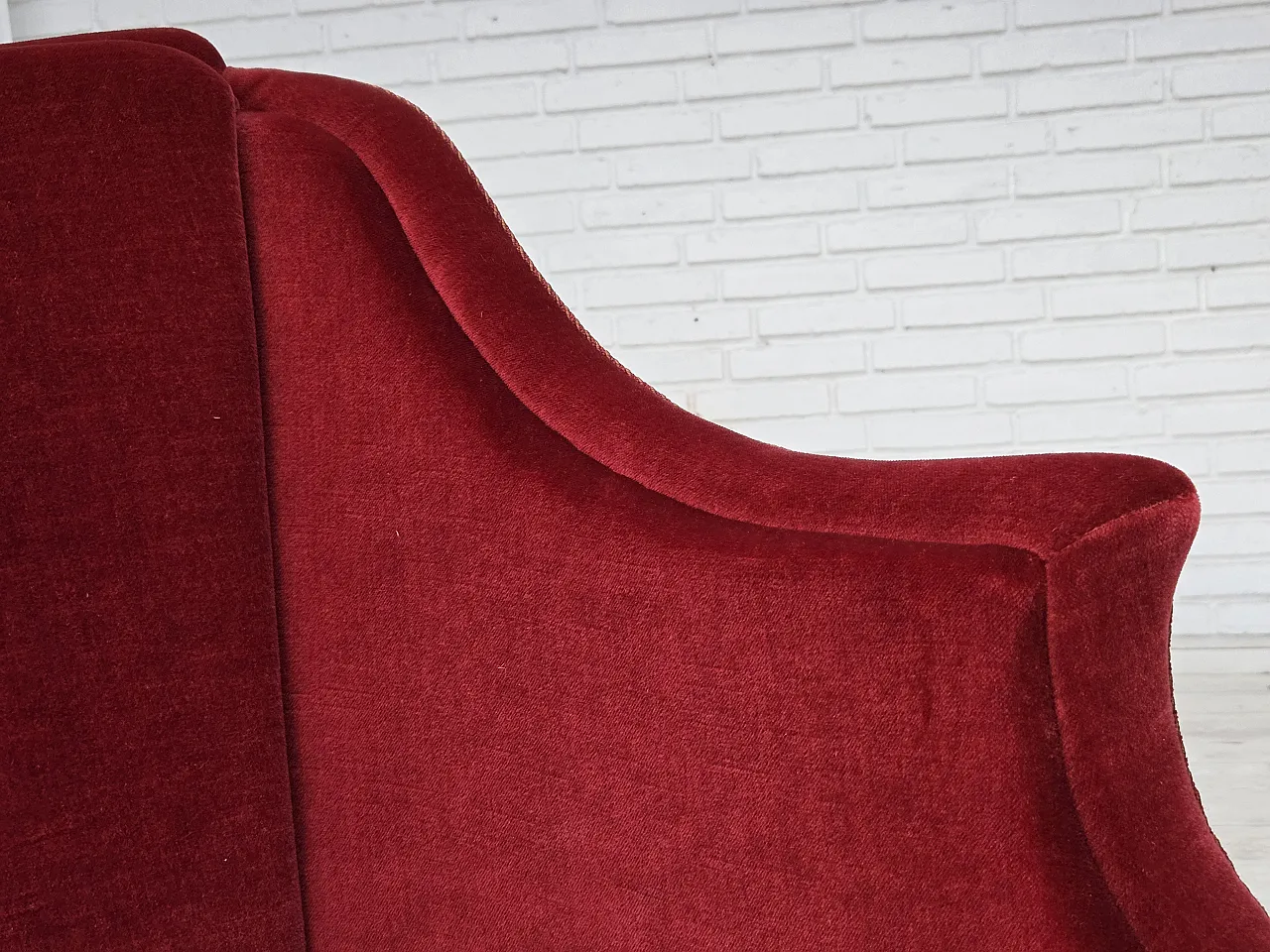1970s, Danish 2-seater sofa, red furniture velour, ash wood legs. 13