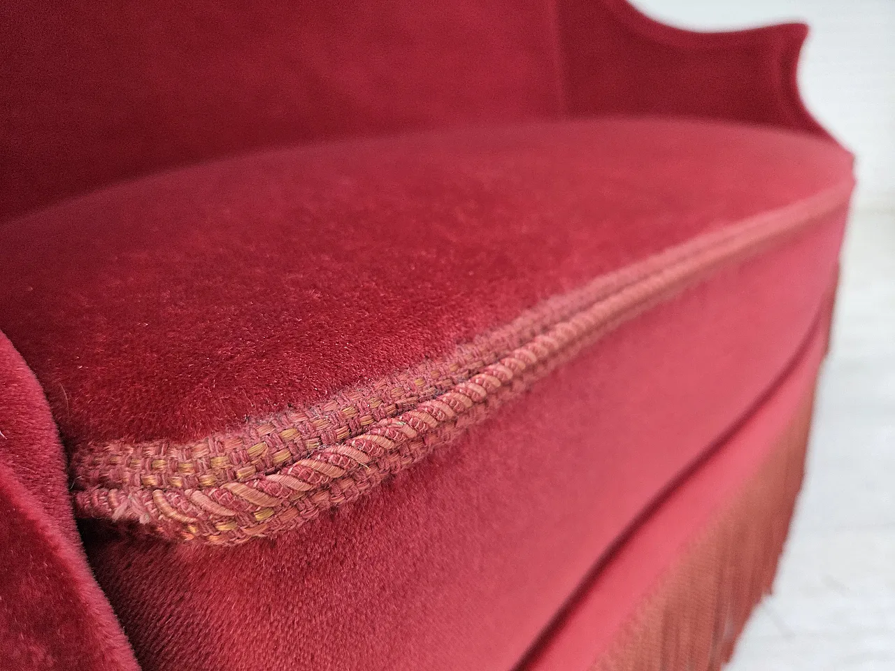 1970s, Danish 2-seater sofa, red furniture velour, ash wood legs. 14