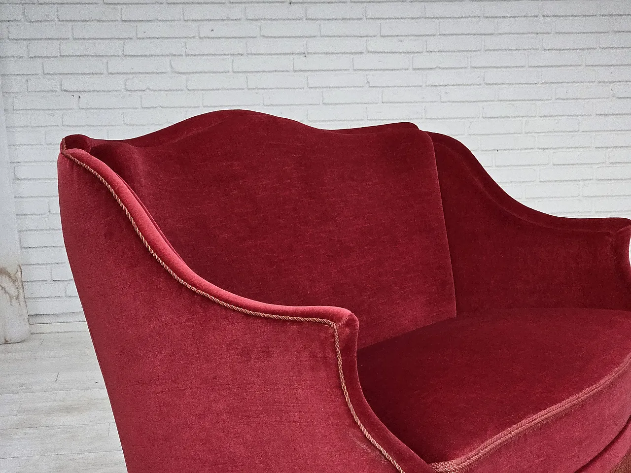 1970s, Danish 2-seater sofa, red furniture velour, ash wood legs. 15