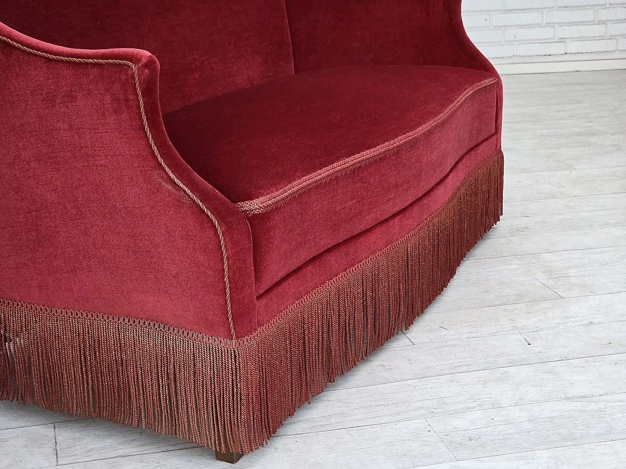 1970s, Danish 2-seater sofa, red furniture velour, ash wood legs. 16