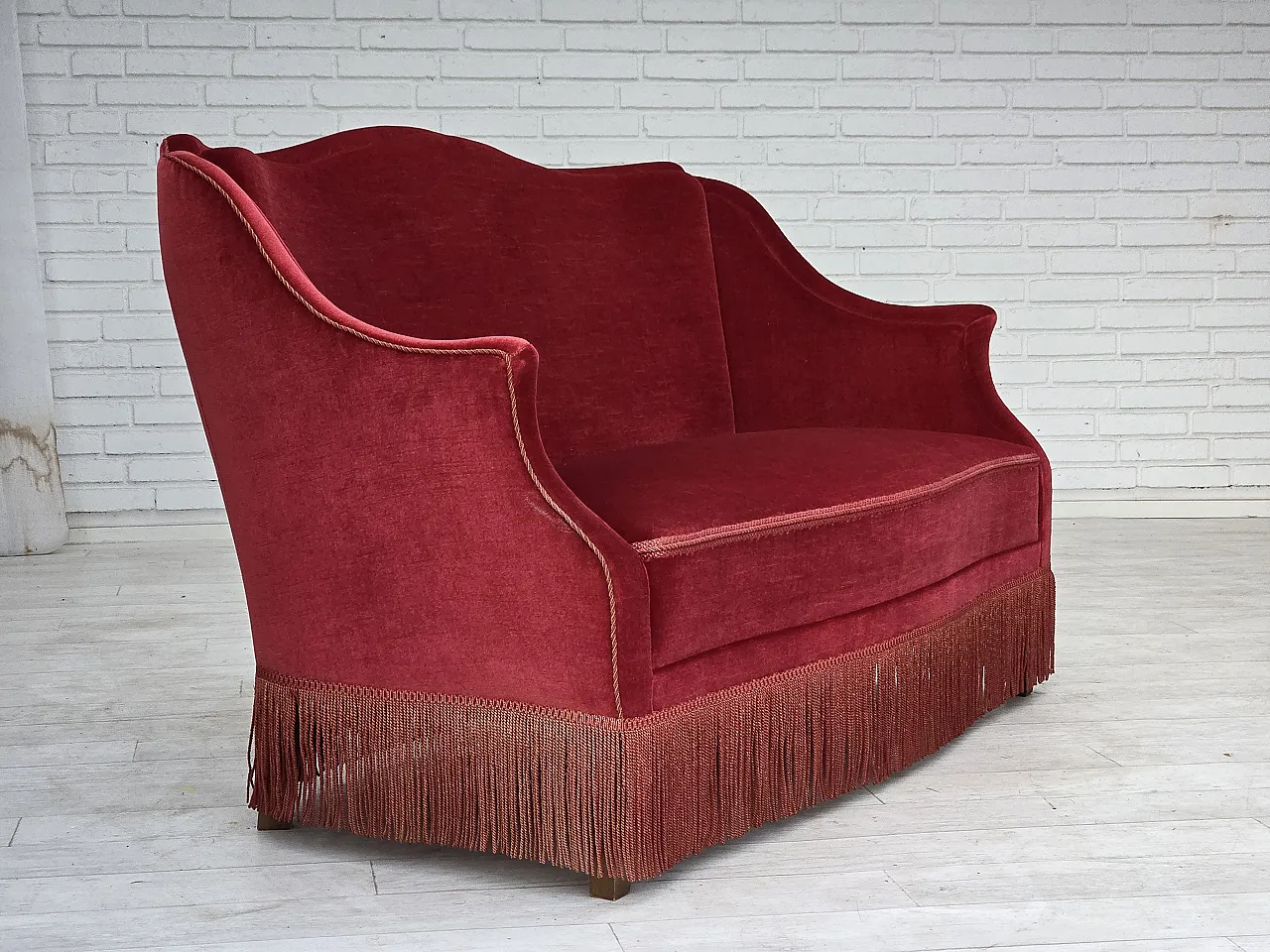 1970s, Danish 2-seater sofa, red furniture velour, ash wood legs. 17