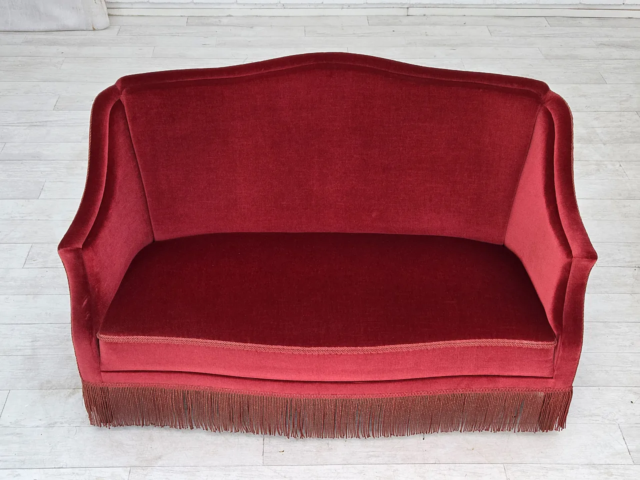 1970s, Danish 2-seater sofa, red furniture velour, ash wood legs. 18