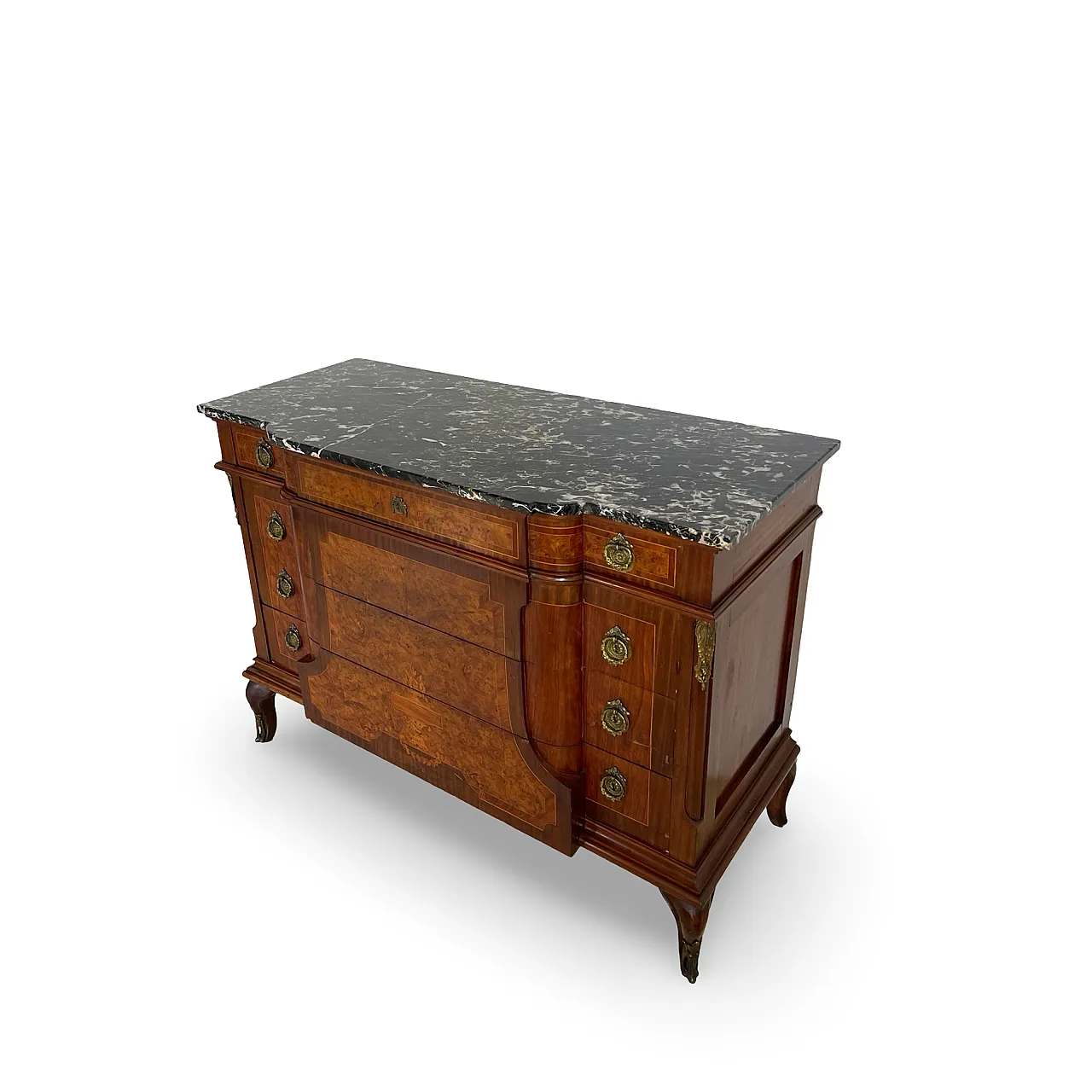 Threaded chest of drawers inlaid with white/grey veined black marble 3