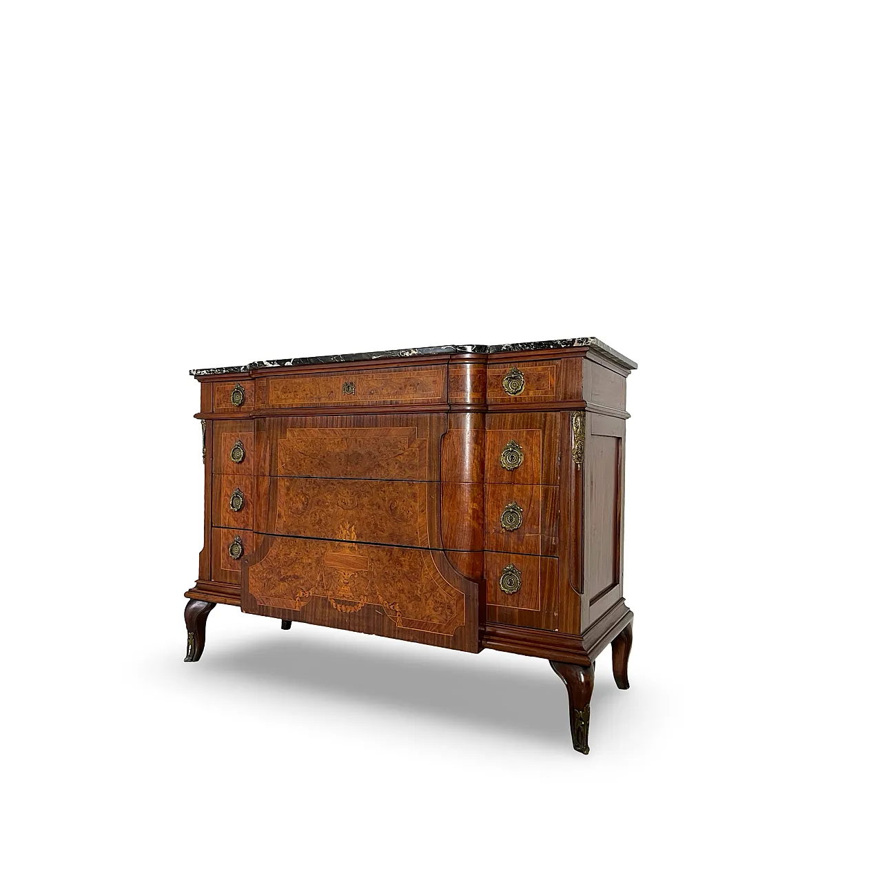 Threaded chest of drawers inlaid with white/grey veined black marble 4