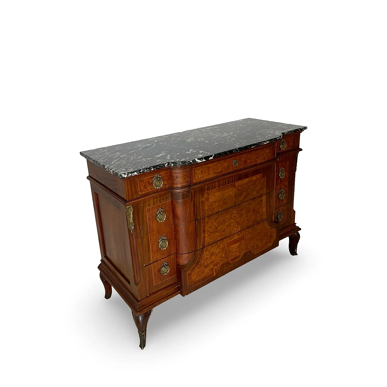 Threaded chest of drawers inlaid with white/grey veined black marble 5