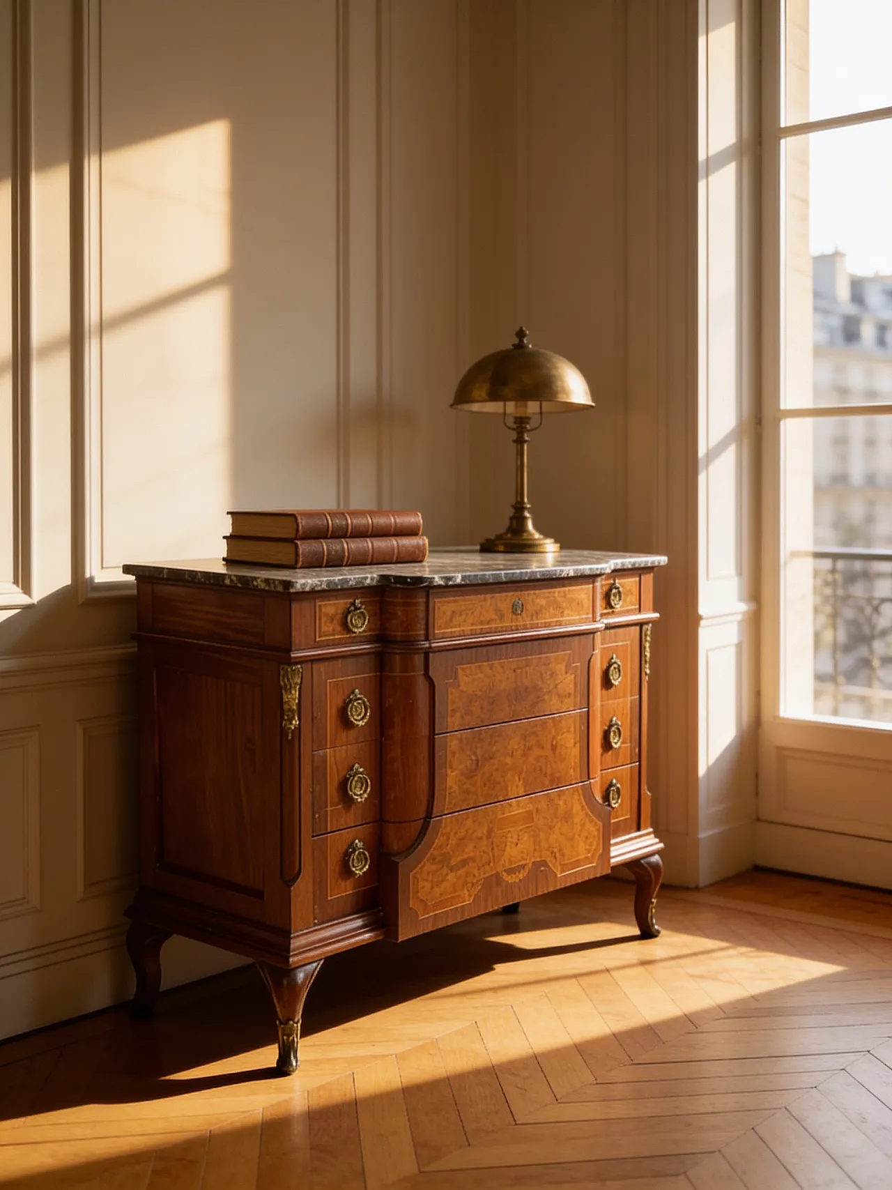 Threaded chest of drawers inlaid with white/grey veined black marble 6