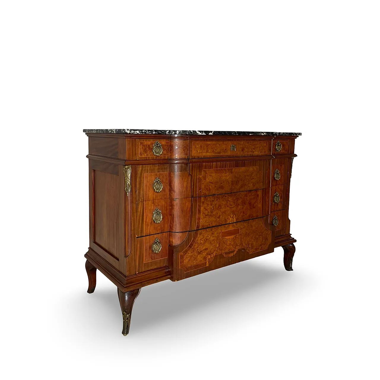 Threaded chest of drawers inlaid with white/grey veined black marble 8