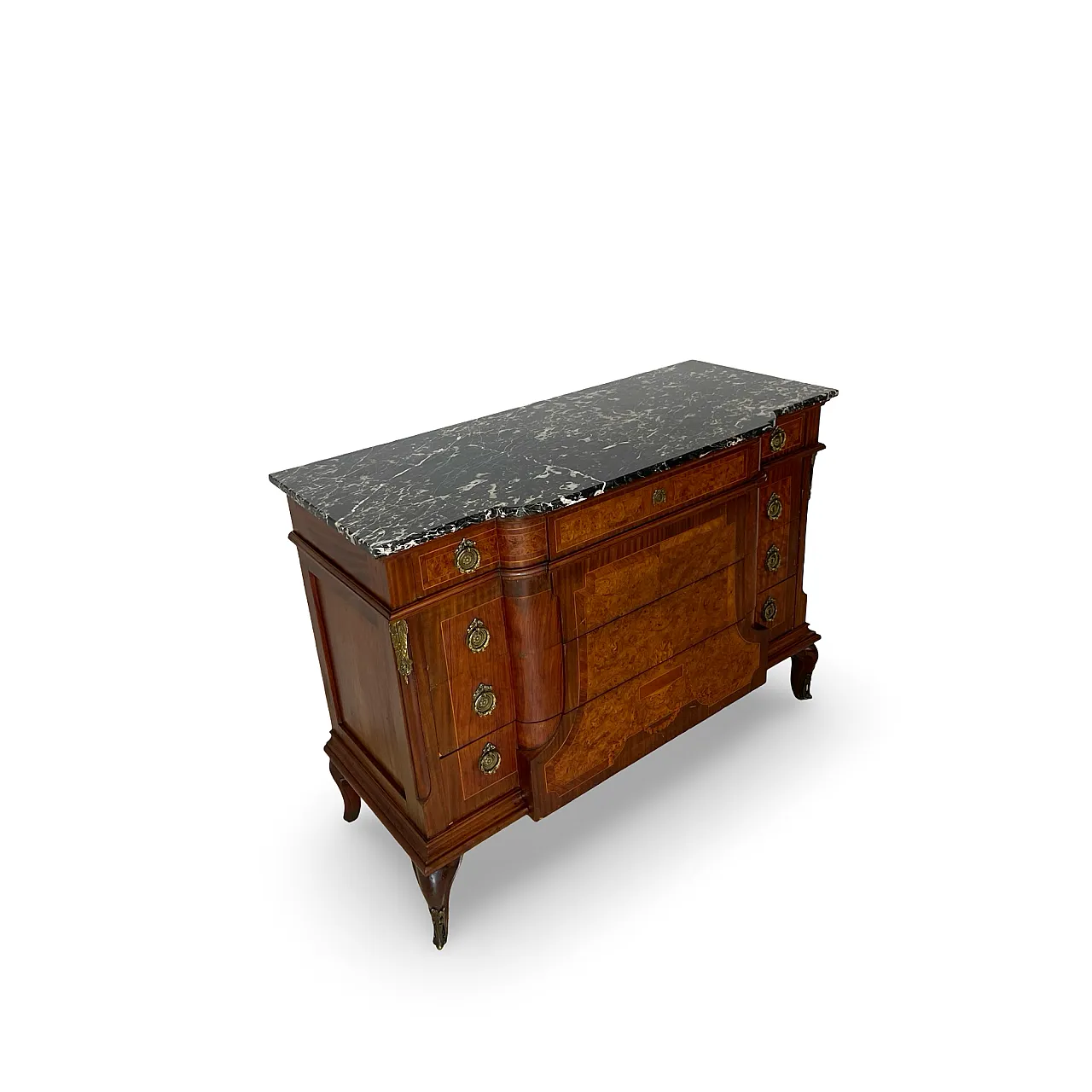 Threaded chest of drawers inlaid with white/grey veined black marble 9