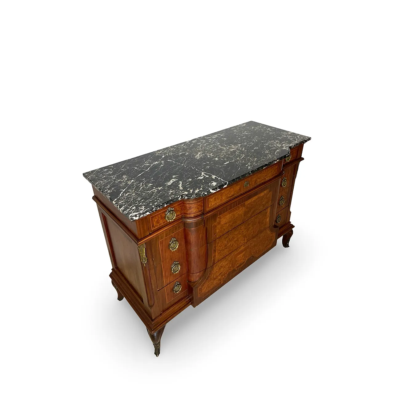 Threaded chest of drawers inlaid with white/grey veined black marble 10